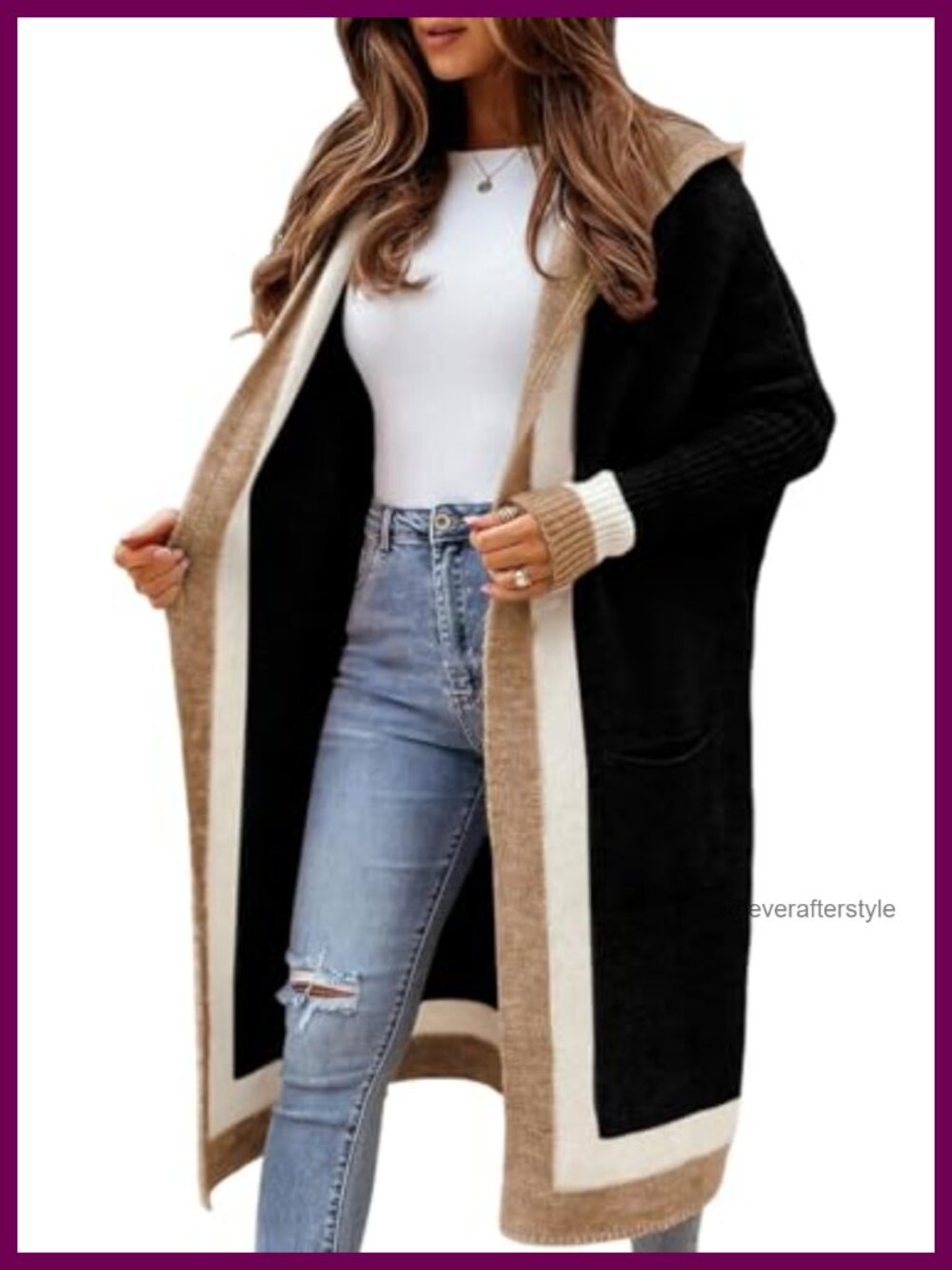 Women's Color Block Striped Hooded Knit Long Cardigan Sweater Oversized Open
